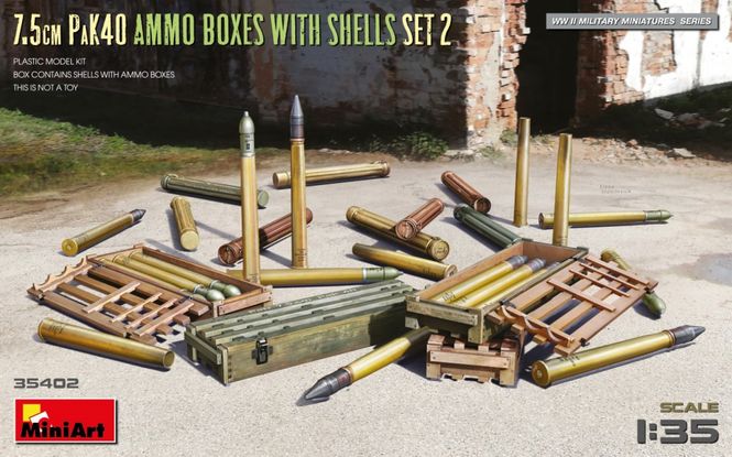 Huvudbild 7.5cm PaK40 AMMO BOXES WITH SHELLS SET 2 1/35